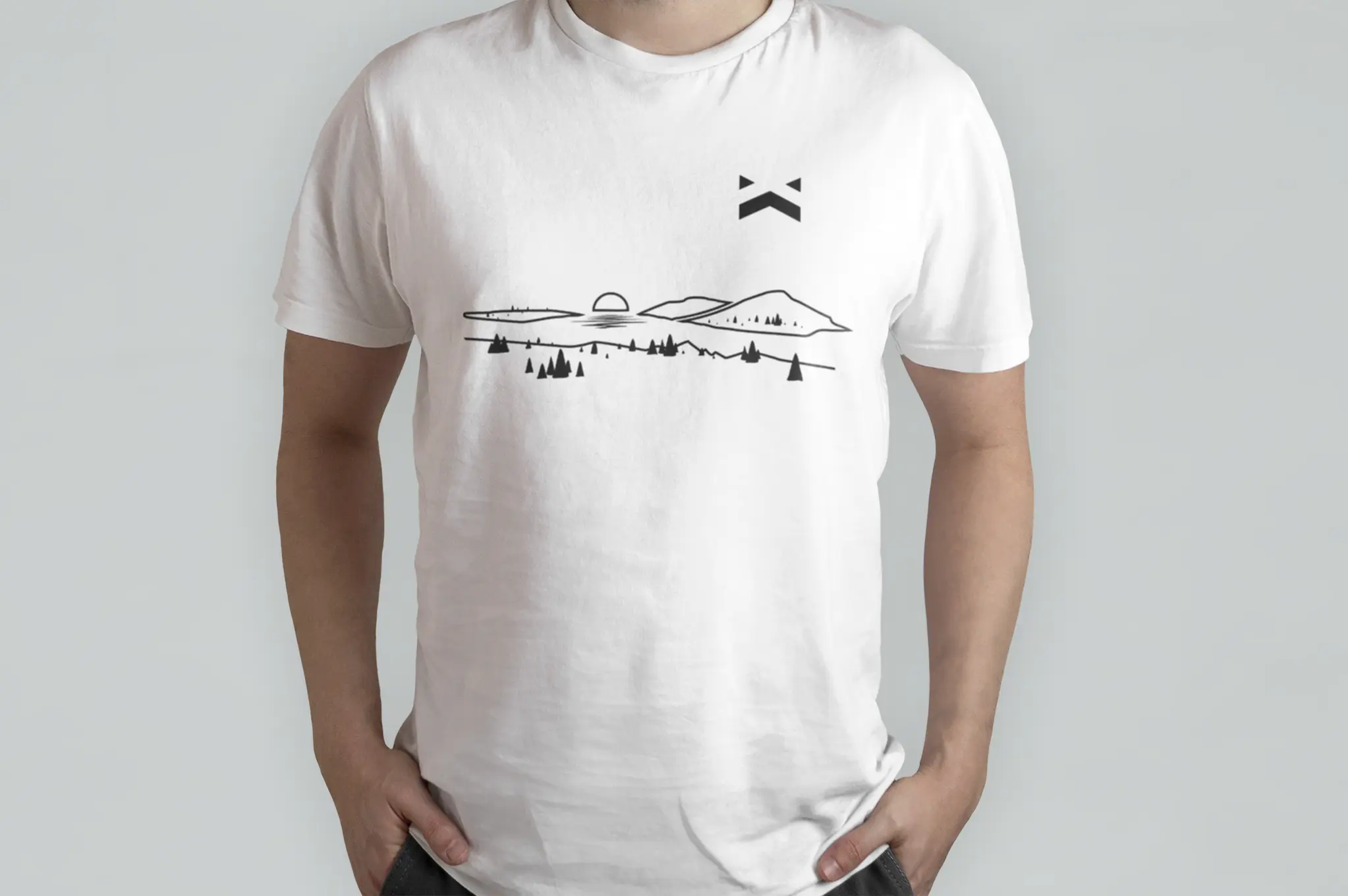 White t-shirt with minimalist line drawing of Finger Lakes landscape and mountains