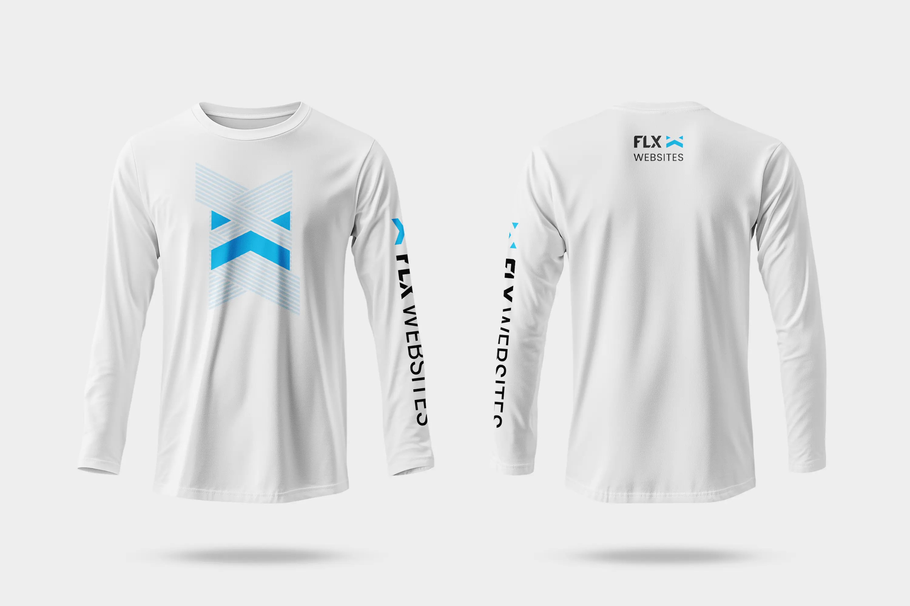 White long sleeve shirt with FLX Websites logo and geometric X design