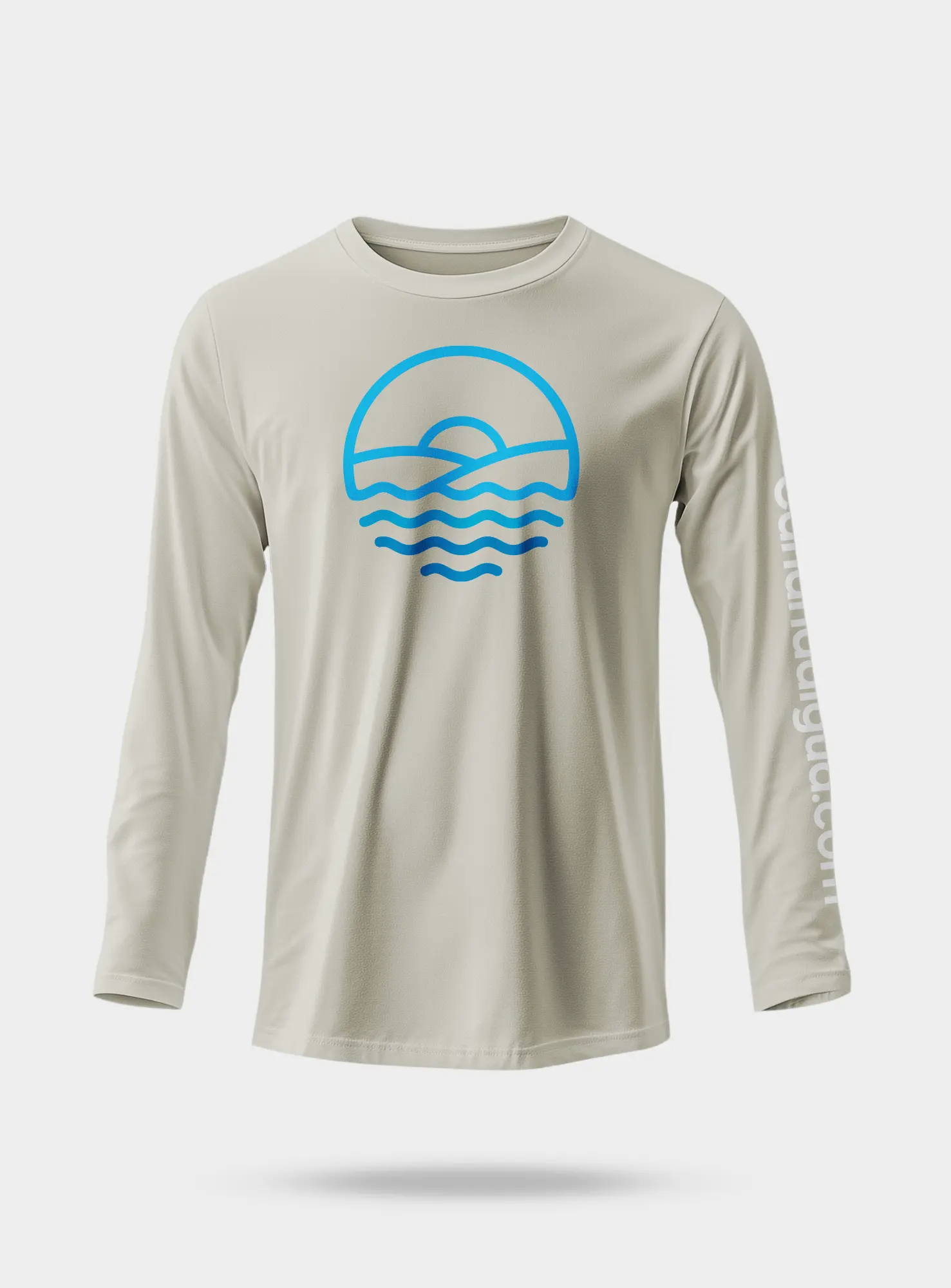 Light gray long-sleeve shirt with blue water waves and sun graphic