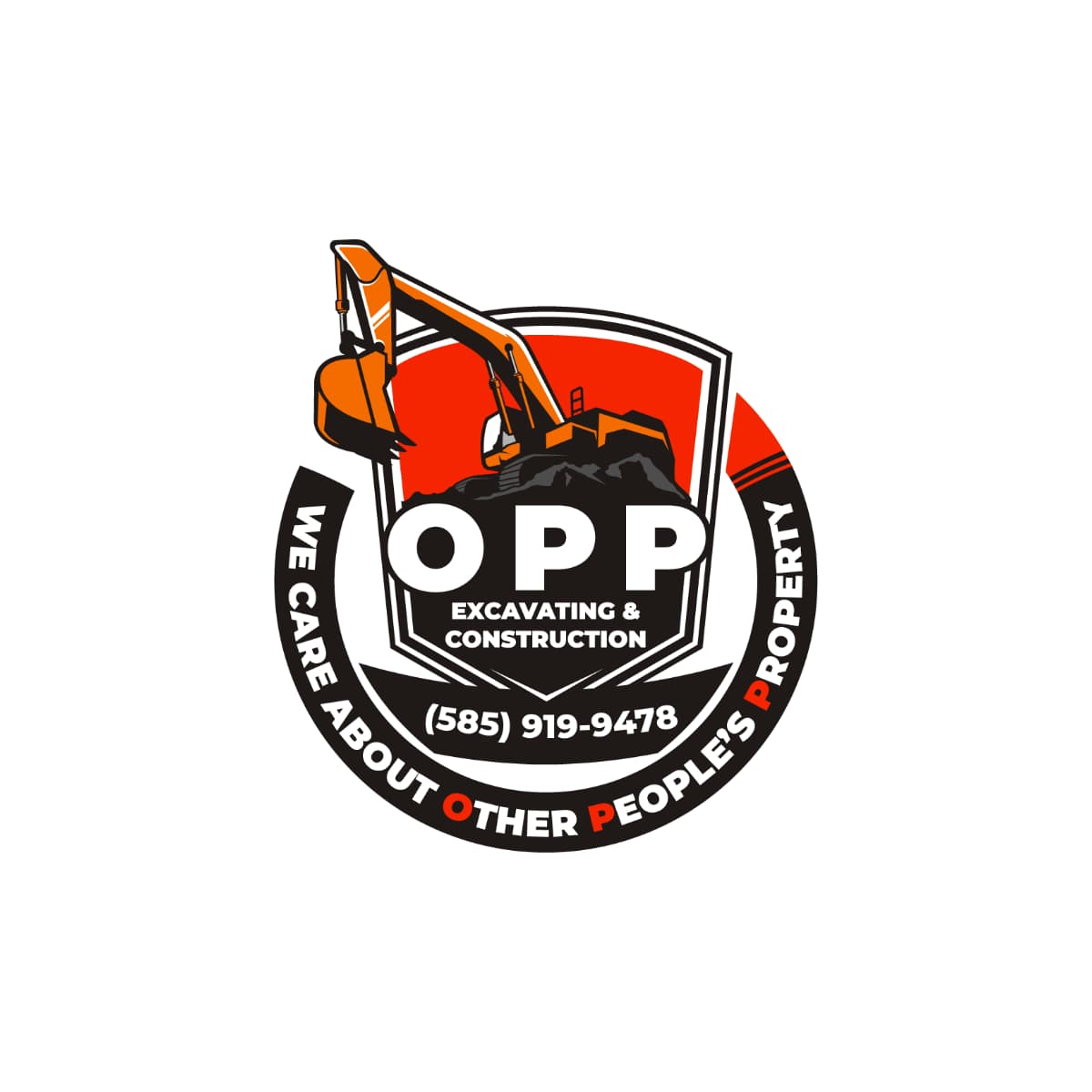 OPP Excavating & Construction logo with orange excavator and phone number (585) 919-9478