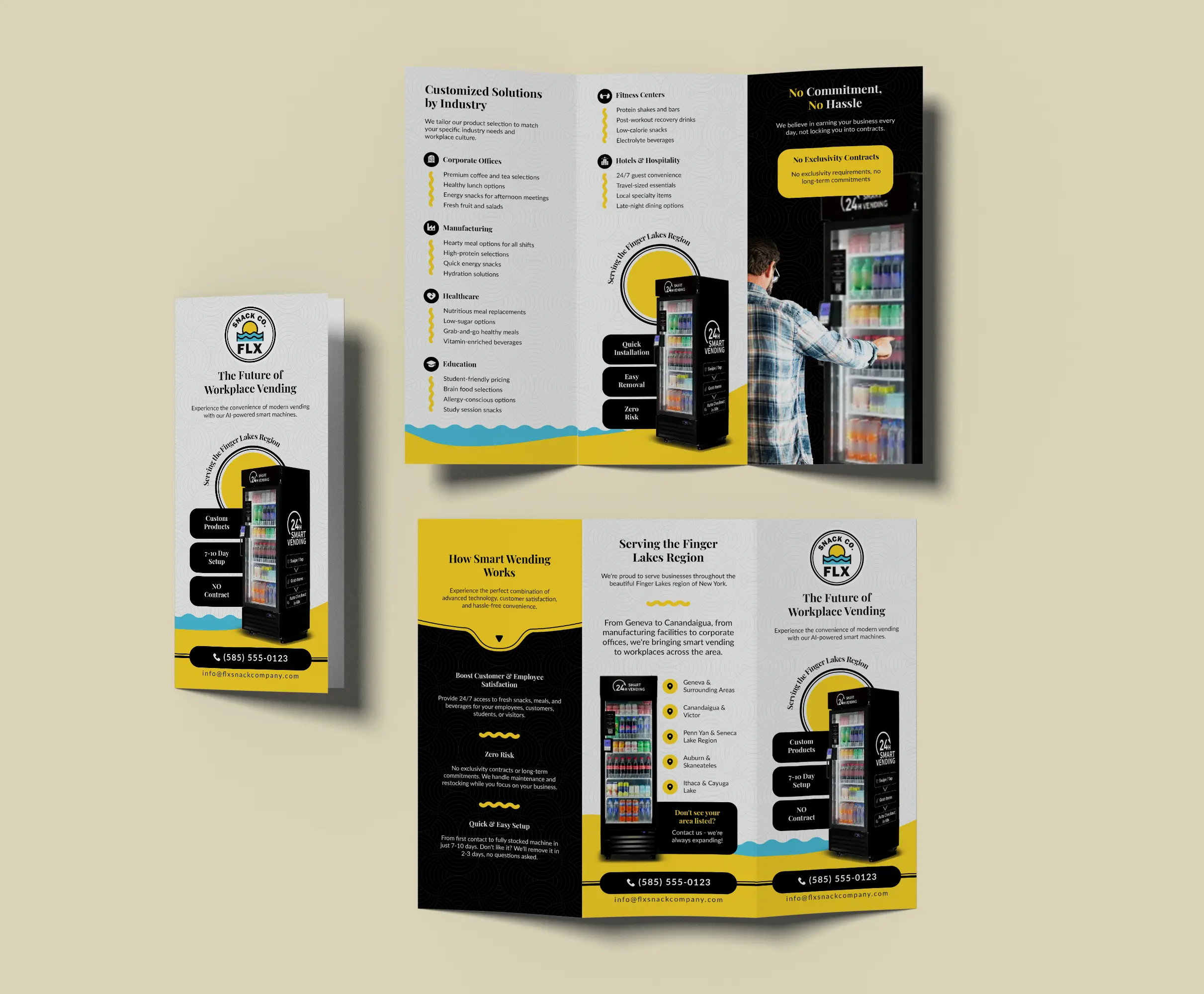 Tri-fold marketing brochures for FLX Snack Co vending machines featuring product displays and service information