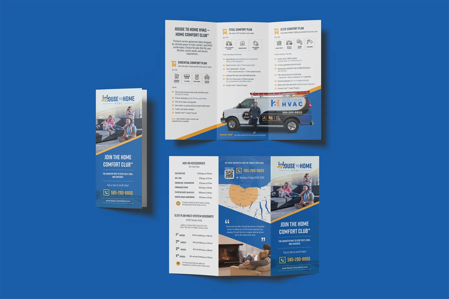 House to Home HVAC service brochure showing comfort club plans and service van