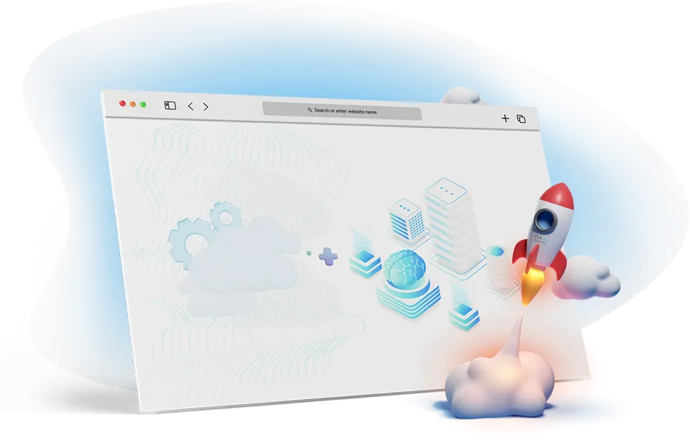 Illustration of a desktop web browser with a rocket taking off