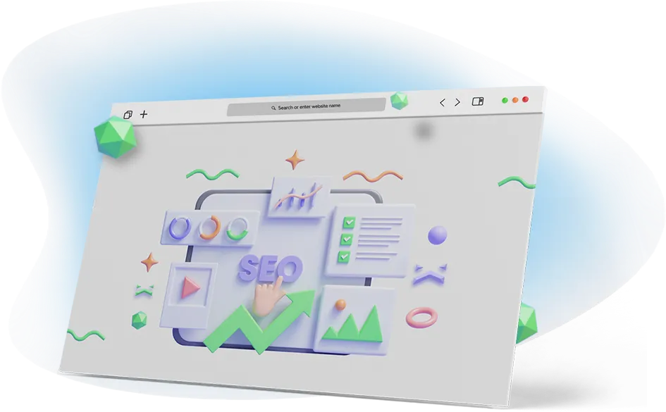Illustration of a desktop web browser with SEO indicators on it